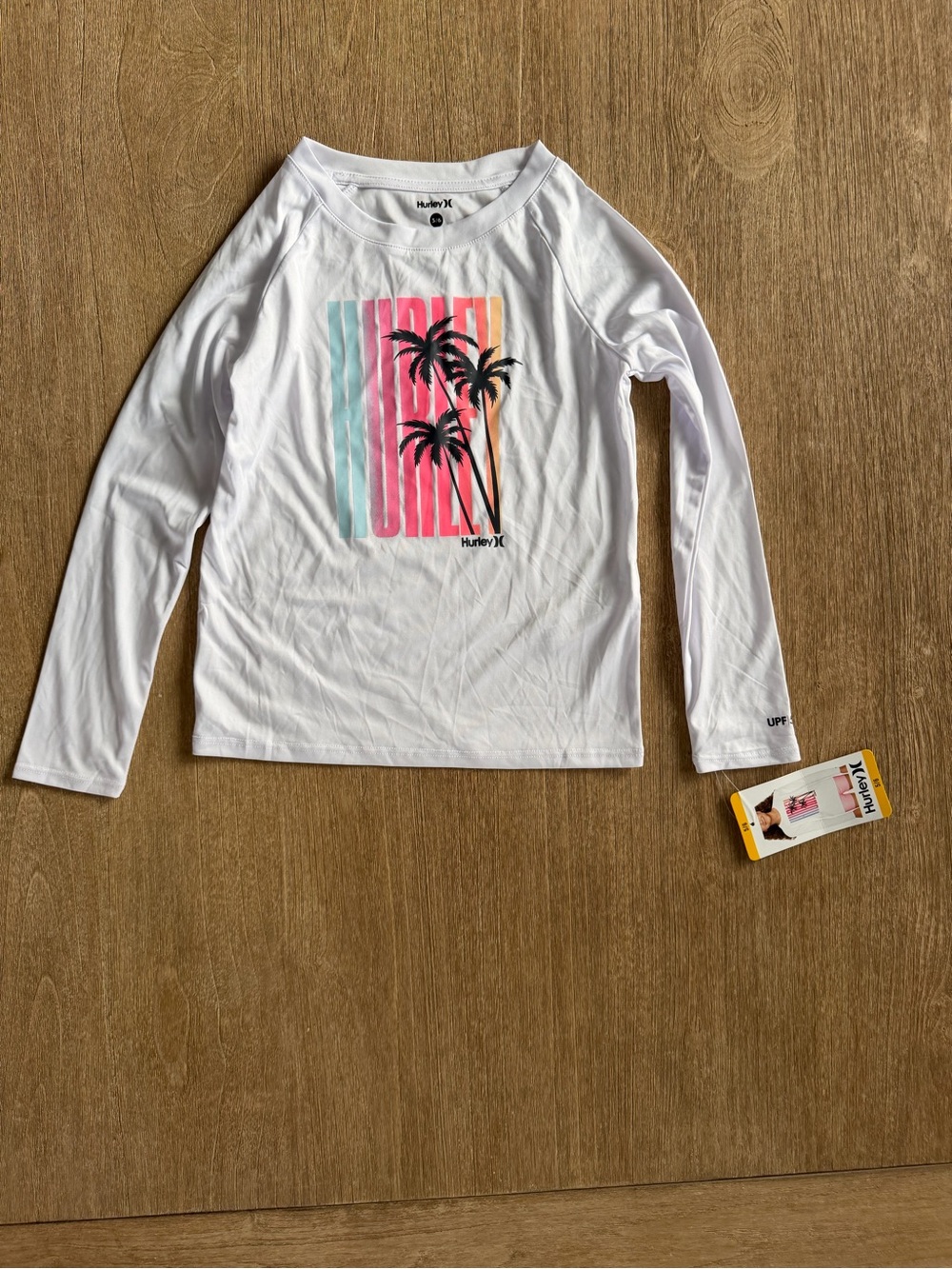 Hurley Girls Long Sleeve Rash Guard Swim Top NWT White Palm Graphic Size 5/6